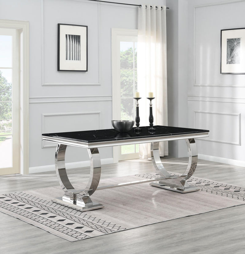 Dining Table (Black Marble) & 6 Black Leather Chairs
