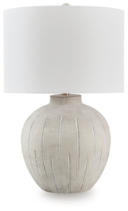 Ashley Furniture Calbert Table Lamp with fabric shade and wooden base, ideal for bedside or living room decor.