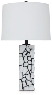 Ashley Furniture Macaria table lamp with a sleek design, featuring a beige fabric shade and a metallic base.