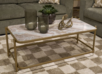 Ashley Furniture Manor Stone cocktail coffee table with a sturdy wooden frame and a smooth stone top, stylish and functional for living rooms.