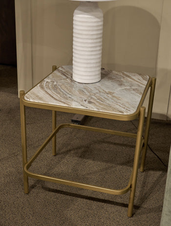 Ashley Furniture Manor Stone End Table showing a square wooden surface with a stone finish and sturdy legs.