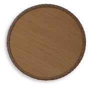 Outdoor seating set by Ashley Furniture featuring double-point design with cushioned chairs and a central table for outdoor relaxation.