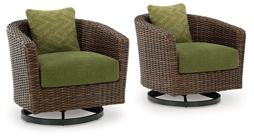 Horizon Hall outdoor swivel lounge chair with cushion by Ashley Furniture, featuring a stylish design and comfortable seating.