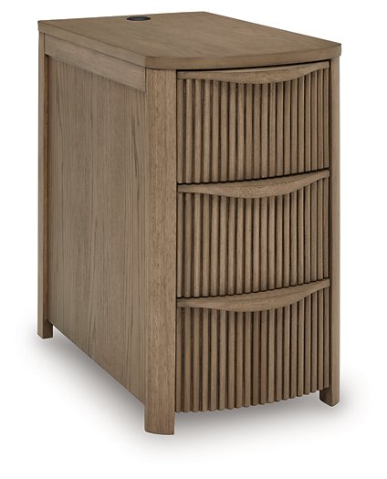 Ashley Furniture Camdill chairside end table with a wooden finish, featuring a compact design and a lower shelf for storage.