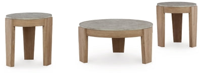 Set of three Ashley Furniture Guystone tables with sleek, modern design, shown from an angled side view.