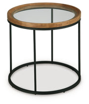 Ashley Furniture Noraluna end table with a sleek wooden finish and modern design, shown from an angled side view.