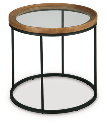 Ashley Furniture Noraluna end table with a sleek wooden finish and modern design, shown from an angled side view.