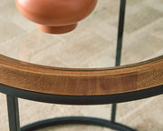 Noraluna end table by Ashley Furniture with a sleek wooden surface and modern design, shown in a contemporary living room setting.