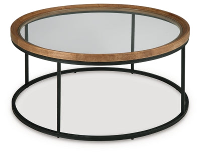 Ashley Furniture Noraluna coffee table with a sleek, modern cocktail table design featuring a dark wood finish and angled legs.