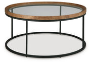 Ashley Furniture Noraluna cocktail coffee table with a sleek, modern design and angled wooden legs.