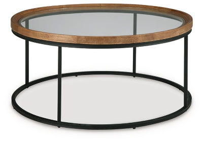 Ashley Furniture Noraluna cocktail coffee table with a sleek, modern design and angled wooden legs.