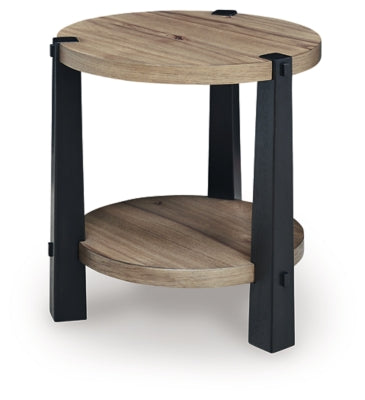 Ashley Furniture Ridgester End Table with a sleek wooden surface and modern design, shown from an angled view.