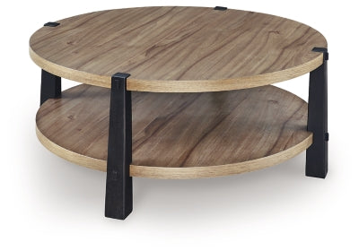 Ashley Furniture Ridgester coffee cocktail table with wooden top and metal legs, shown from an angled side view.