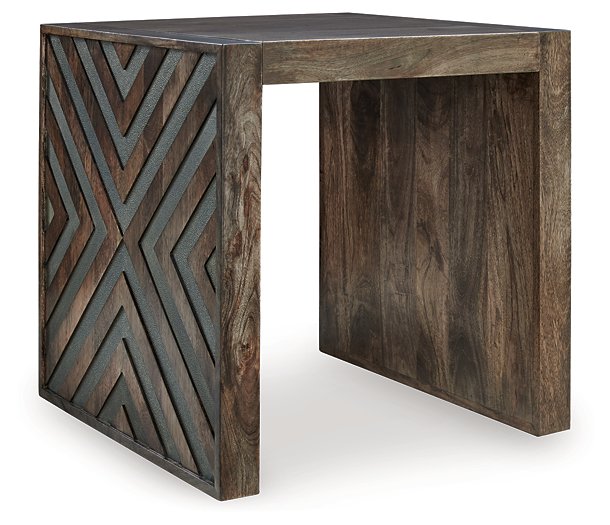 Ashley Furniture Dreggan End Table with angled wood design and warm finish, shown from a side angle.