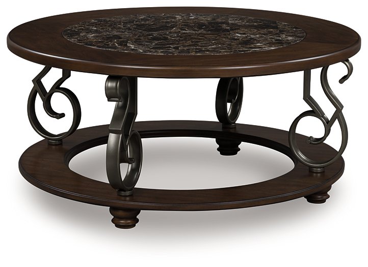 Ashley Furniture Frallyn cocktail coffee table with a modern wooden finish, shown from an angled side view.