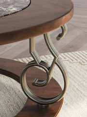 Ashley Furniture Frallyn cocktail coffee table with a sleek wooden top and metal legs, modern design, T623-8 detail image.