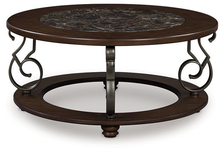 Ashley Furniture Frallyn cocktail coffee table with a sleek wood finish and modern design, shown from a head-on angle.