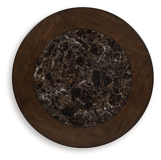 Ashley Furniture Frallyn coffee cocktail table with a sleek wooden top and modern design, shown from a top-down view.