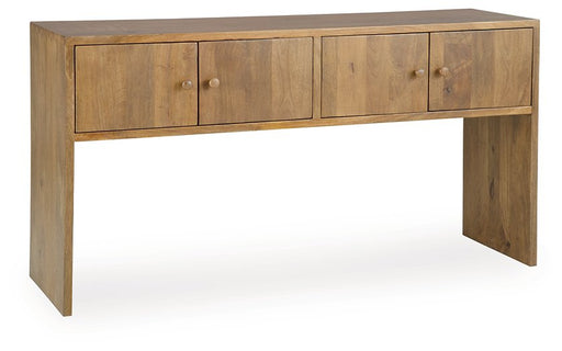 Ashley Furniture Ella Grove Console sofa table with sleek wooden finish, angled design, and modern style.