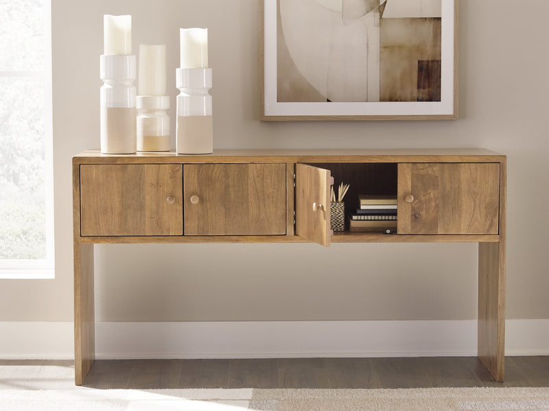 Ashley Furniture Ella Grove Console sofa table with open rectangular design and wood finish, ideal for living room decor.