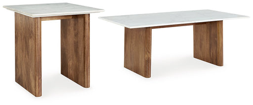 Ashley Furniture Isanti Occasional Table Set with three modern tables featuring sleek wood finishes and contemporary design.