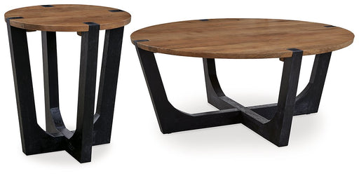 Ashley Furniture Hanneforth Occasional Table Set with three modern tables featuring sleek wooden surfaces and sturdy metal frames.