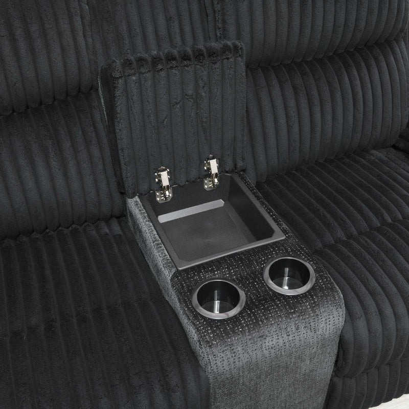 Black Corduroy Motion Sofa W/Drop Down Table