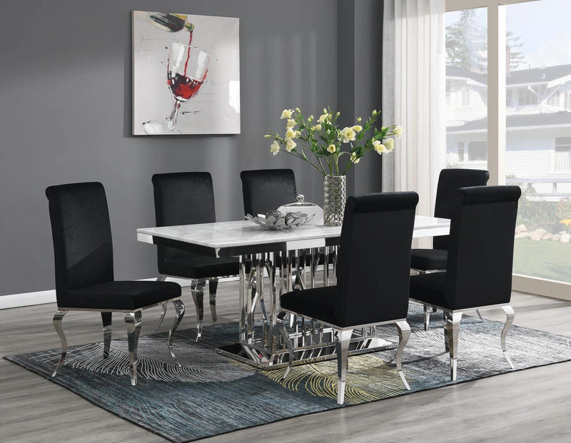 G-081-T-WHITE Dining Table White Marble-4 Black Leather Chairs